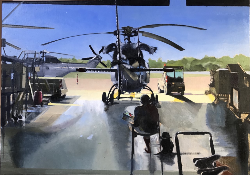 Un peintre chez les aviateurs, maintenance hélicoptères, puma et fennec, base 367, Kourou. huile s/toile. 65/46