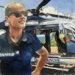 Kelly gendarme pilote d'hélicoptère, mission Guyane huile s/toile 20/20