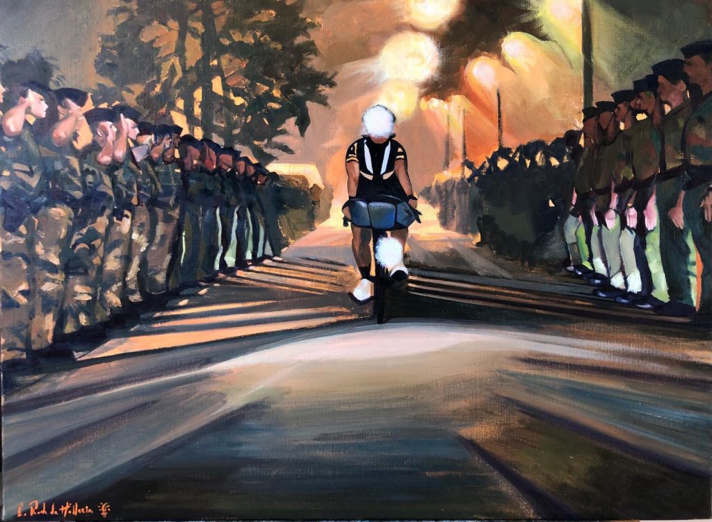 « Pratique à fin utile »  - Arrivée nocturne et  haie d’honneur pour Soralia - huile s/toile 81/60