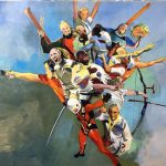 Explosion des champions à la gendarmerie » - Escrime, atterrissage de précision, tir au pistolet, judo, athlétisme, ski, escalade - huile s/toile 81/60